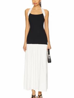 Line and Dot Black and White Halter Maxi Dress